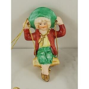 Midwest Ornament Young Girl Sitting On Swing Bisque Swinger 3" Porcelain 80's